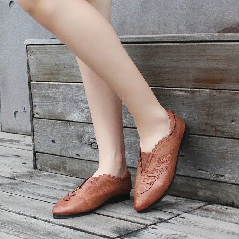 

2019 New Style Spring WOMEN'S Casual Shoes Pointed-Toe Low Heel Shoes Women's Retro Genuine Leather Simple Comfortable Deep Mout