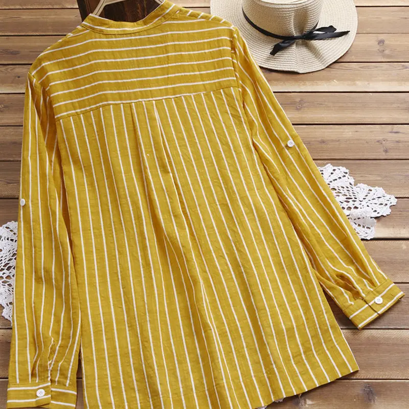 2020 spring and summer large size women's long-sleeved blouse vertical striped irregular loose button shirt - 4.00069E+12