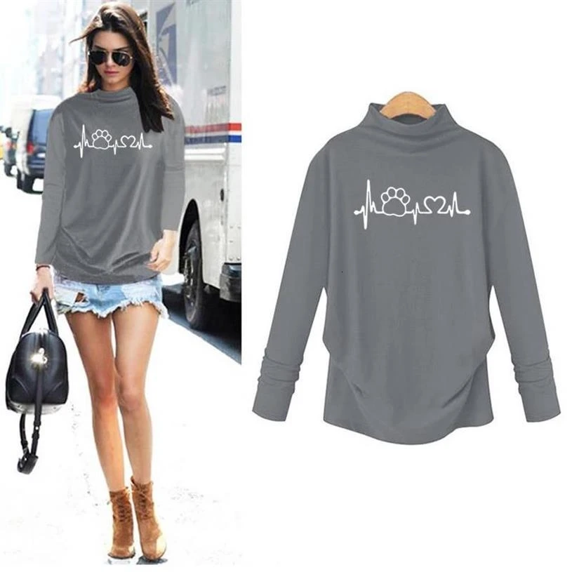 

New Fashion T-Shirt For Women Dog Paw Letters Print Long Sleeved Collar T-Shirt Tshirt T-Shirt Female Women Tops Off The