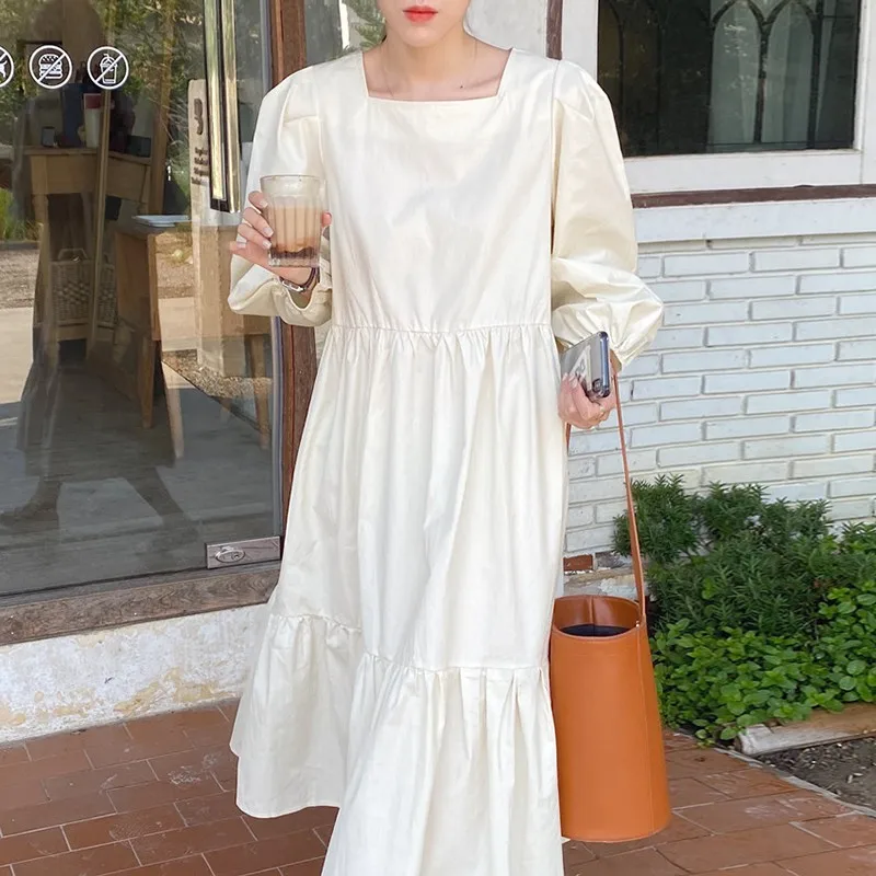 

Платье женское длинное с квадратным вырезом, элегантное тонкое свободное шикарное платье до ключиц в Корейском стиле, с завязкой на талии и рукавами-фонариками, во французском стиле