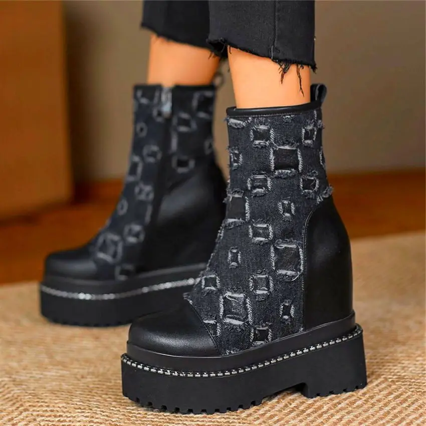 

Женские ботильоны на танкетке, туфли-оксфорды из натуральной кожи, с круглым носком, на высоком каблуке, в стиле панк/готика, обувь для вечер...