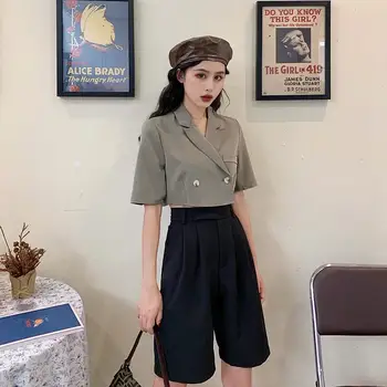

Women Thin Shorts Suit Blazer Jacket & Knee Length Shorts 2 pieces Female Sets Causal Women Suits Fashion 2020 Spring New