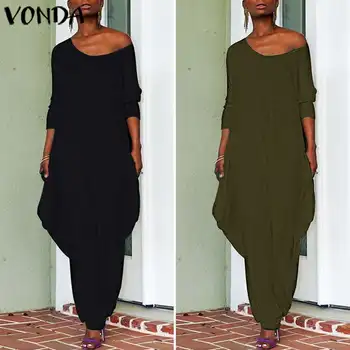 

VONDA 2020 New Jumpsuit Women Elegant Backless 3/4 Sleeve Rompers Female Casual Solid Playsuits Femme Overalls Plus Size S-5XL