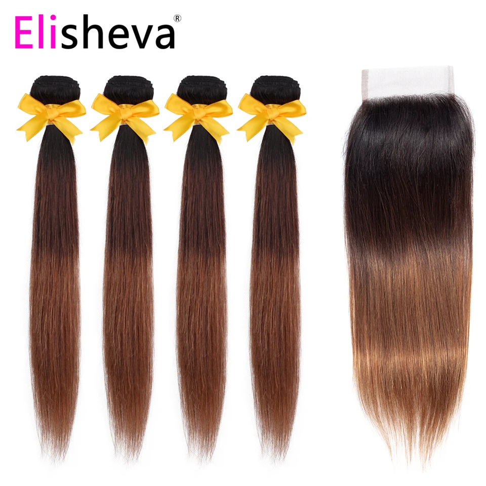 

Elisheva 1b/4/30 Ombre Malaysian Hair 4 Bundles With Cosure Straight 3 Tone Ombre Bundles with Closure Nonremy Human Hair Weaves