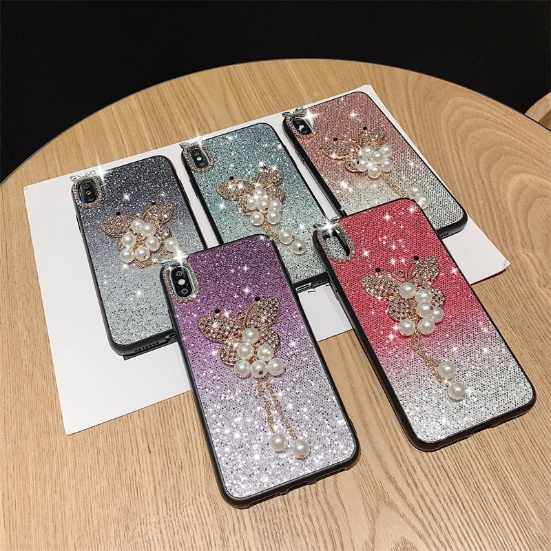 Блестящий Роскошный чехол с жемчужинами и бабочкой для iPhone X XR XS Max 6 6s 7 8 Plus 11 Pro