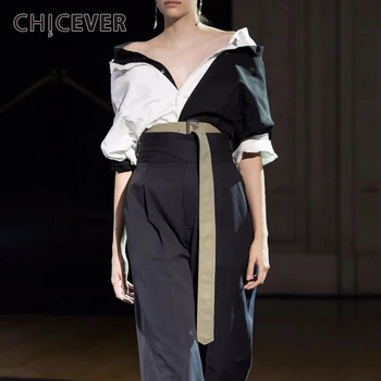 

CHICEVER Patchwork Black White Shirt Tops Female Slash Neck Short Sleeve Blouse Women 2020 Summer OL Fashion Clothing
