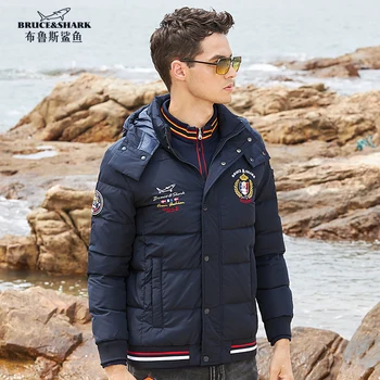 New Winter Men Down Feather Jacket 70% Grey duck down Embroidery Fashion Casual Bruce&Shark Male Hooded Thermal Outerwear Big
