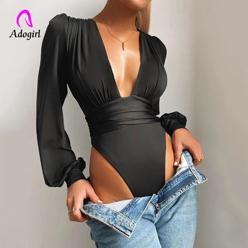 

Solid Color Women Rompers 2021 Spring Bodysuit Sexy Deep V Neck Tops Crop Top T Shirt Female Shoulder Pad One Piece Jumpsuits