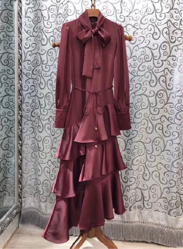 wine red Элегантное Длинное Платье с галстуком-бабочкой, осенний стиль, женское, Каскадное, гофрированное, сексуальное, длинный рукав, вечерние, макси-платье, зеленый/синий/коричневый, винно-красный - Цвет: wine red