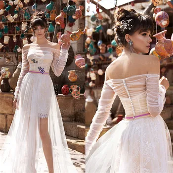 

Off the Shouler Short Mermaid Wedding Dresses 2021 Vestidos De Novia Tulle Long Sleeves Lace Appliques Bridal Gowns Bride Dress