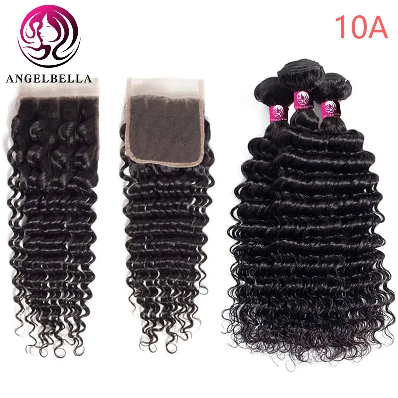 

Angelbella 16 18 20 Deep Wave Human Hair Bundles With 4X4 Closure NC# 3/4 Bundles Human Hair Weaves With 4x4 Lace Closure