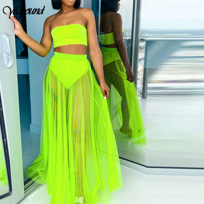 Mesh Summer Two Piece Set Casual Neon Spaghetti Strapless Sleeveless Crop Tops Shorts 2 Pieces Suit Perspective Outfit Tracksuit |