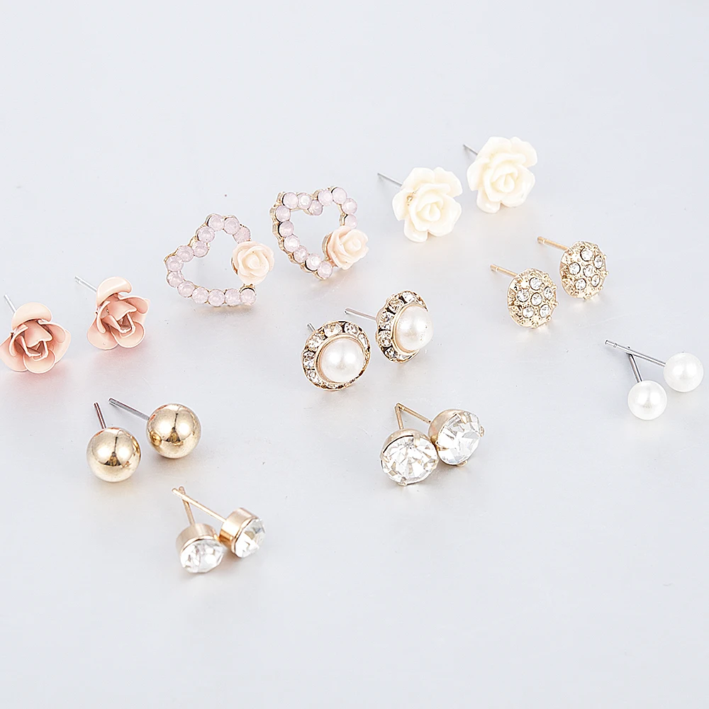 2019 New Fashion Women 9pair/set Flower Pearl Alloy Ear Earring Cute Crystal Wedding Jewelry Gifts For Girl korean fashion
