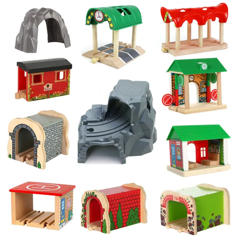 Wooden Train Track Accessories Wood Railway Track Train Station Bridge Tunnel Compatible All Brands Wooden Track Toys wooden train track racing railway toys all kinds wooden track accessories fit for biro wood tracks toys for children gift