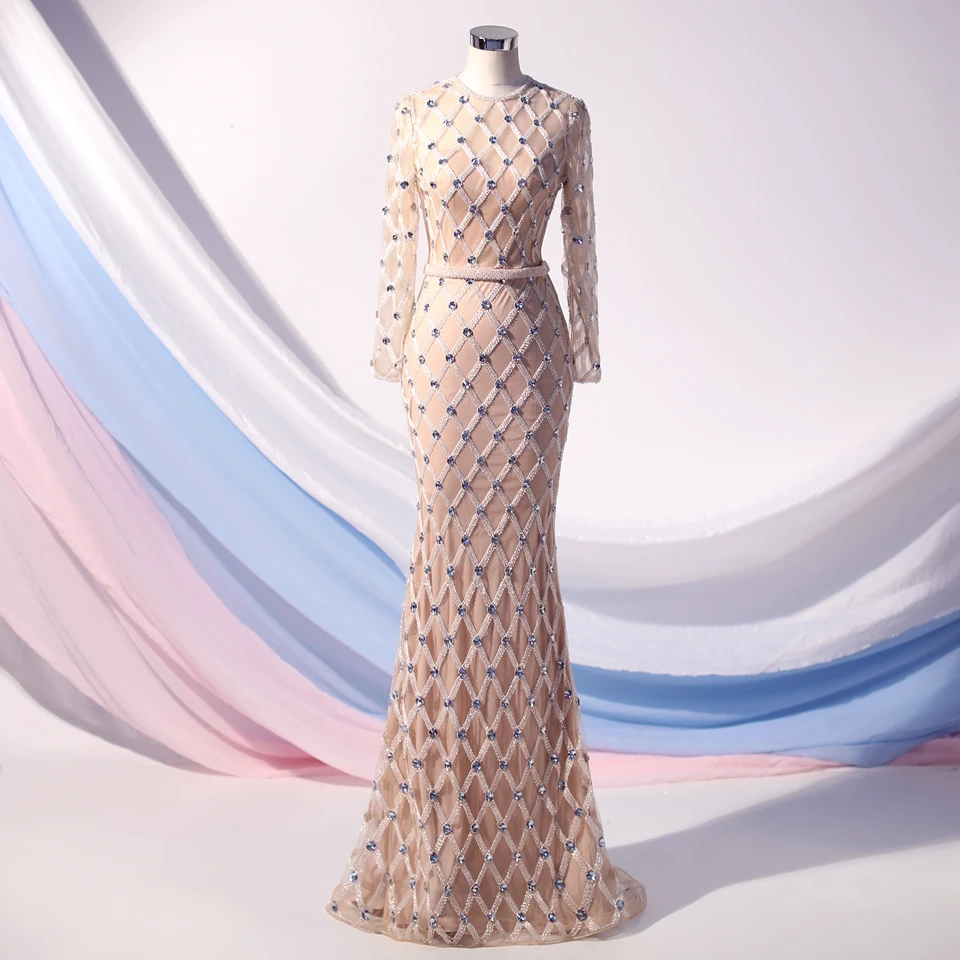 Lakshmigown сексуальное длинное вечернее платье с кристаллами Robe De Soiree Русалка с длинным рукавом платье для выпускного Дубай женские вечерние платья