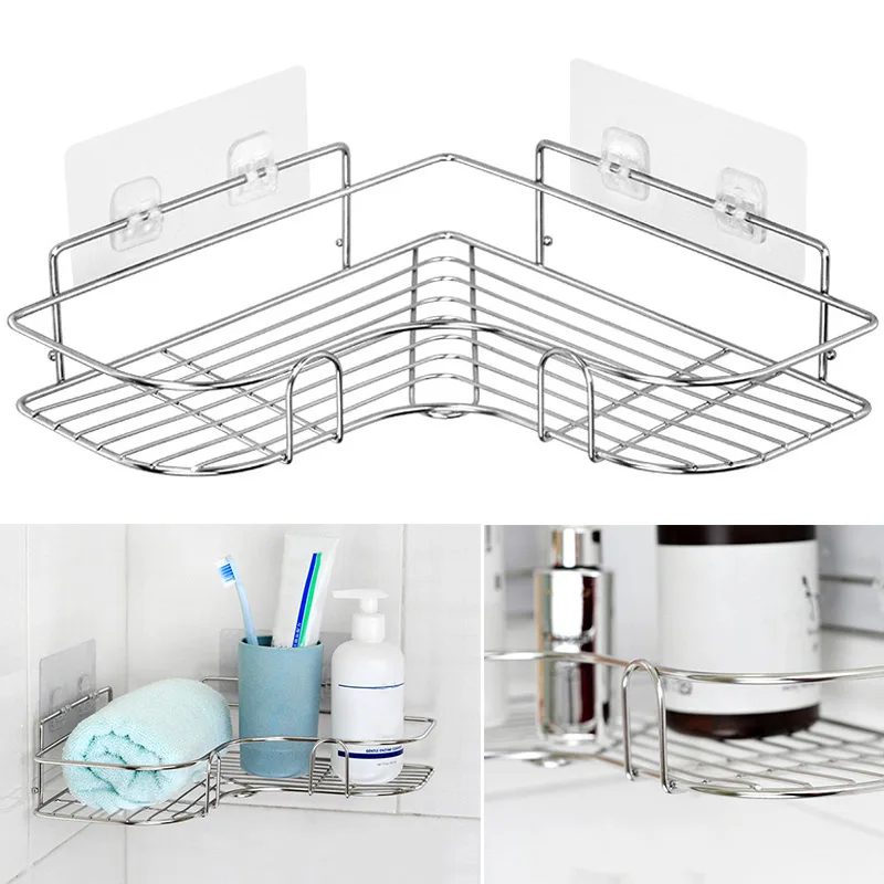 

Bathroom Corner Shower Rack Stainless Steel Triangular Shampoo Soap Storage Shelves LBShipping