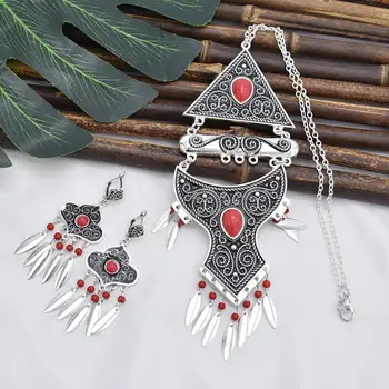 

Turkish Vintage Blue Black Red Stone Necklace & Earring Sets for Women Bohemian Leaf Tassel Necklace Gypsy Tribal Jewelry Gift