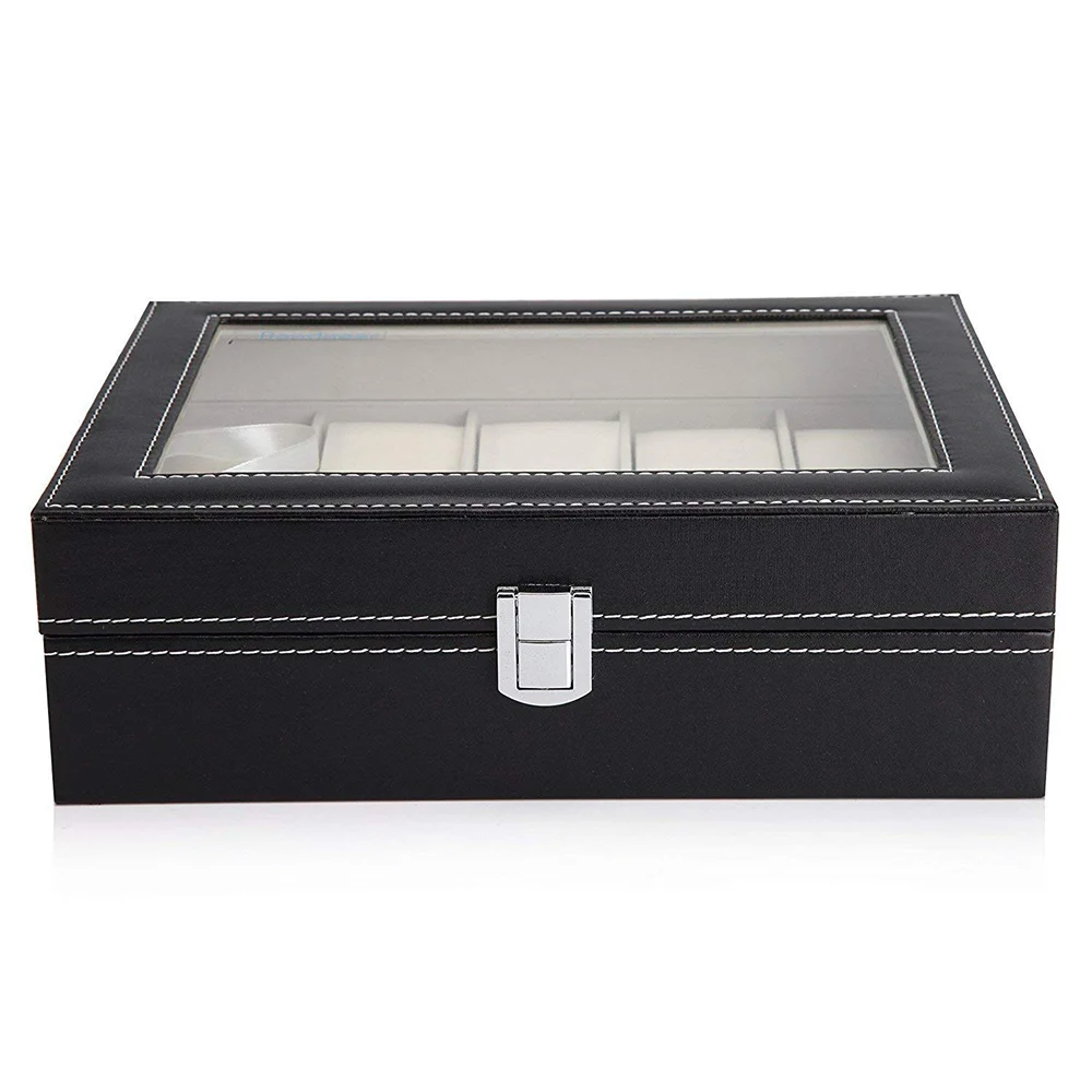 10 12 Slot Watch Box Storage Watch Box PU Leather Watches Display Case Jewelry Boxes Watches Organizer Glass Top Watch Holder