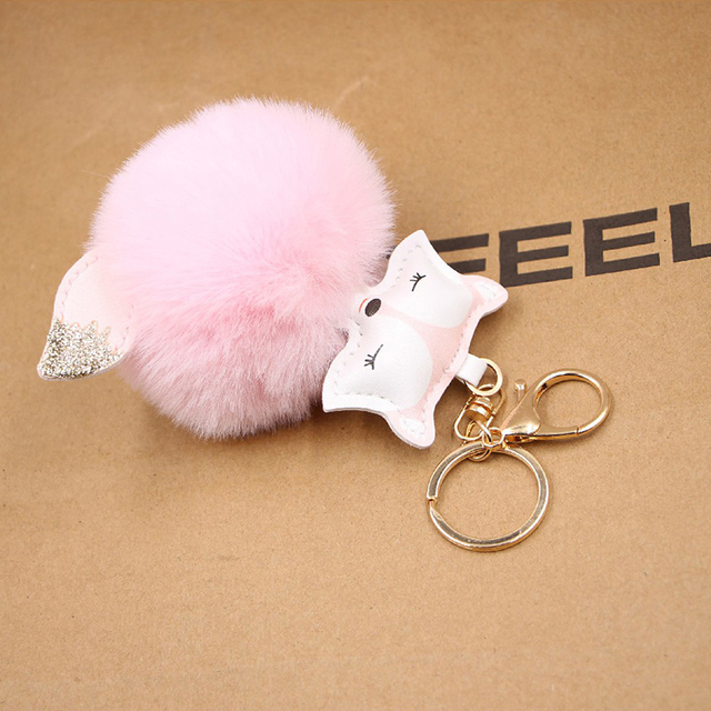 Ball Keychain Charm Key Ring Cute Leather Fox Keyring Plush Fluffy Pompom Faux Rabbit Fur Ball Bag Car Key Charms Accessory