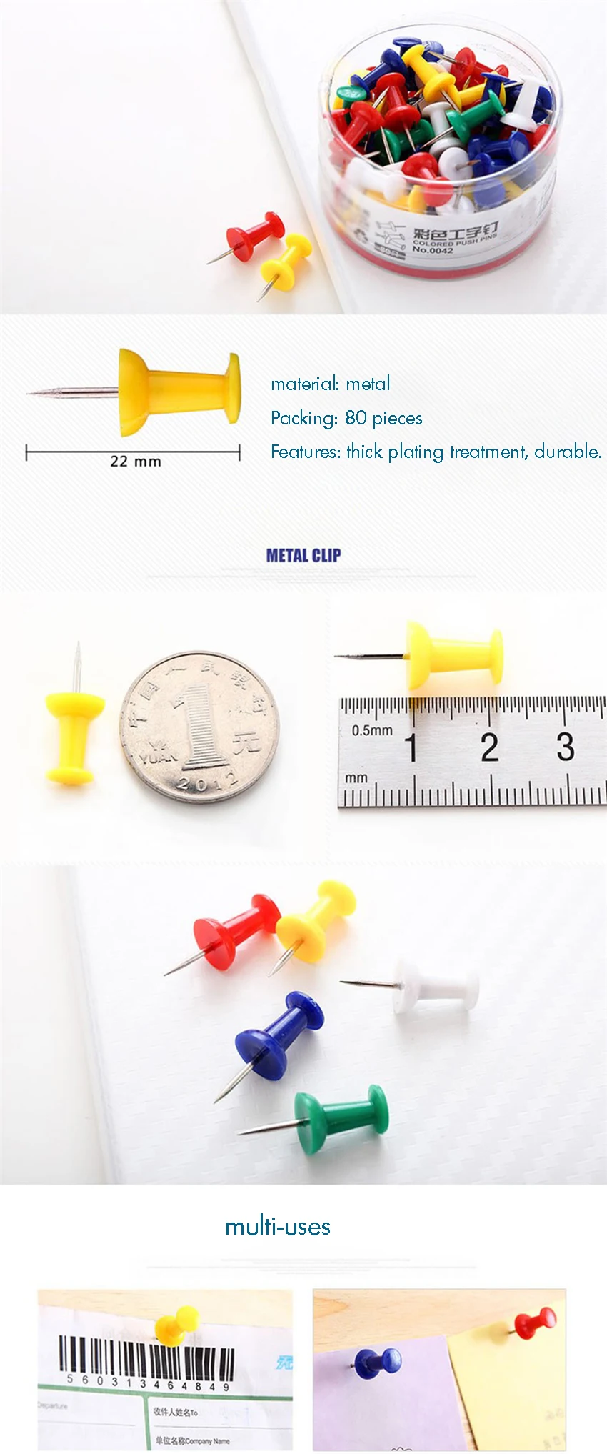 80PCS/Set Push Pins, Multi-Color Map Thumb Tacks, Plastic Marking Pins with Sharp Point for Bulletin Board, Fabric Marking