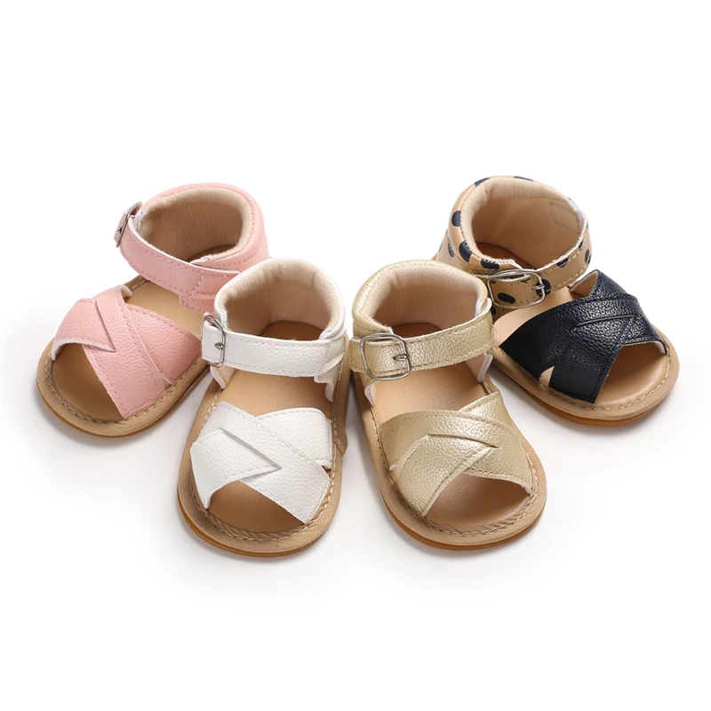 Повседневные сандалии из искусственной кожи для новорожденных и маленьких девочек Летняя обувь на мягкой подошве для начинающих ходить синие, золотые, розовые, белые 0-18 месяцев