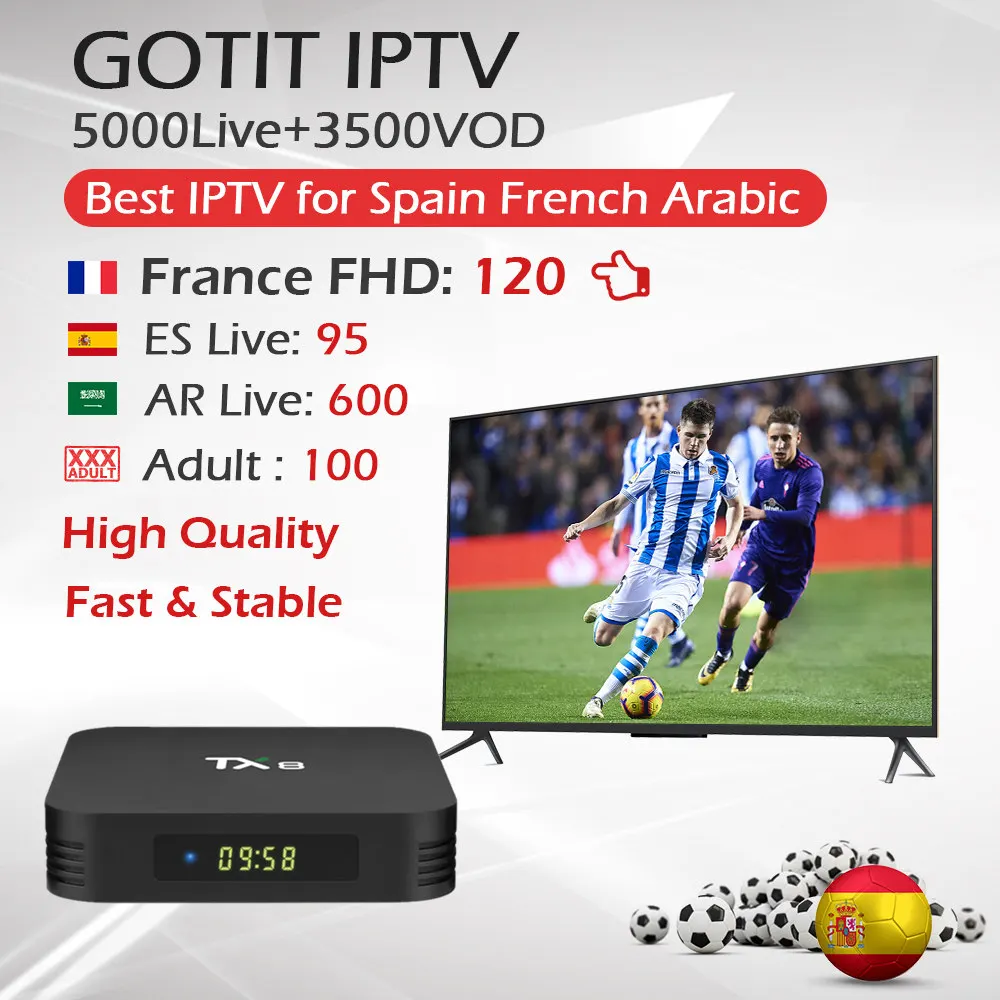 Gotit TX8 Android9.0 ТВ приставка Rockchip RK3318 4G/64G Dual wifi BT 4,0 HDMI 2,0 Smart tv Box+ KING IP tv Франция Испания Арабский IP tv ××
