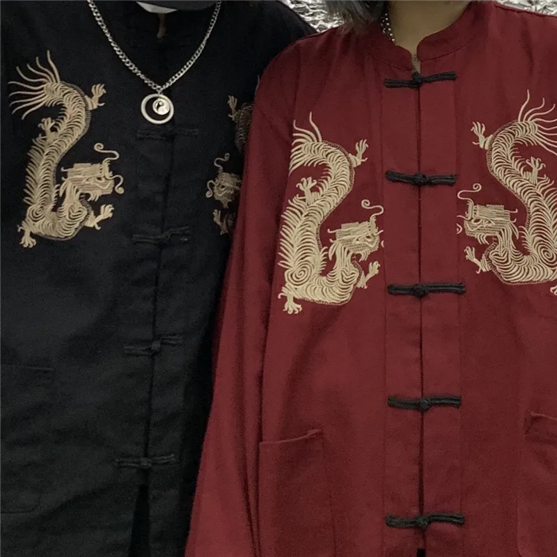 

Lychee Girls Vintage Yokosuka Dragon Embroidery Women Coat Autumn Buckle Pocket Women Coat Loose Solid Color Lady Blouse Coat