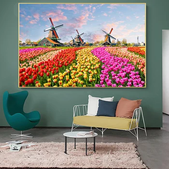 

Modern Art Tulip Flowers of Netherlands Windmill Landscape Poster Canvas Painting Poster and Prints Wall Art for Living Room