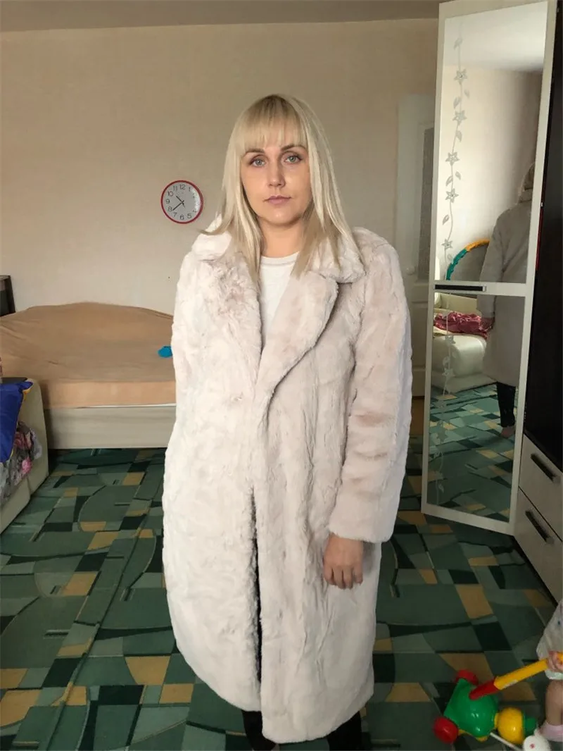 Зимнее женское длинное пальто из искусственного кроличьего меха, Свободное пальто с отворотом, толстое теплое женское плюшевое пальто большого размера, пальто из искусственного меха B105