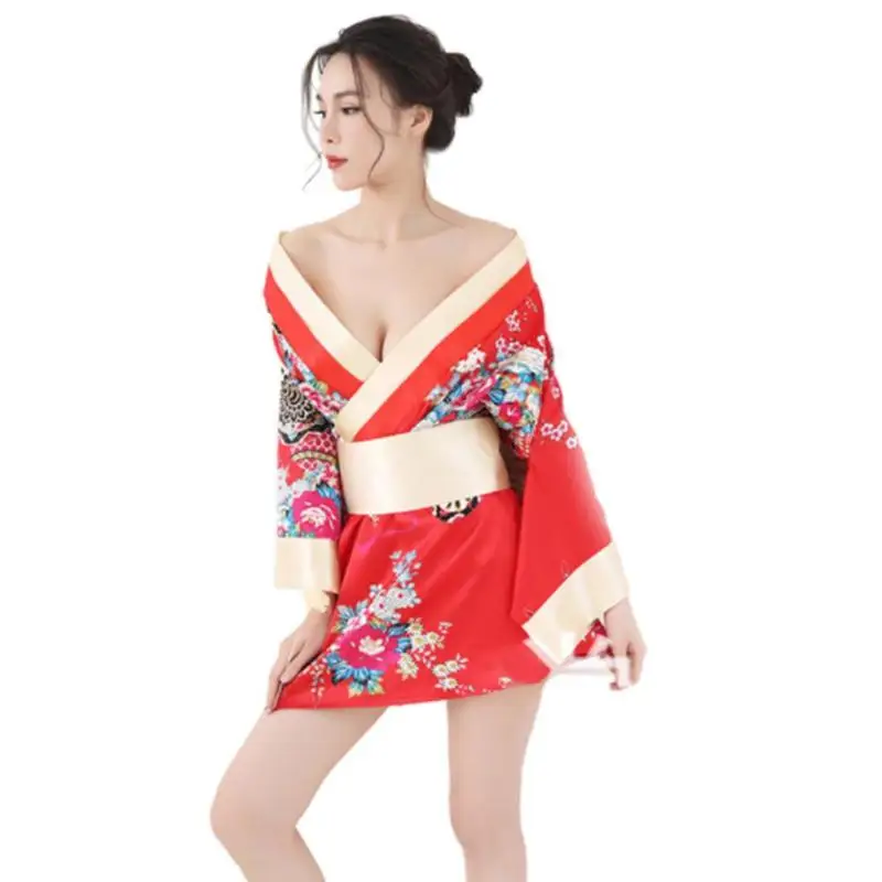 Традиционное женское японское кимоно, сексуальное глубокое кимоно с v-образным вырезом, атласная Цветочная ночная рубашка с принтом, короткий банный Халат