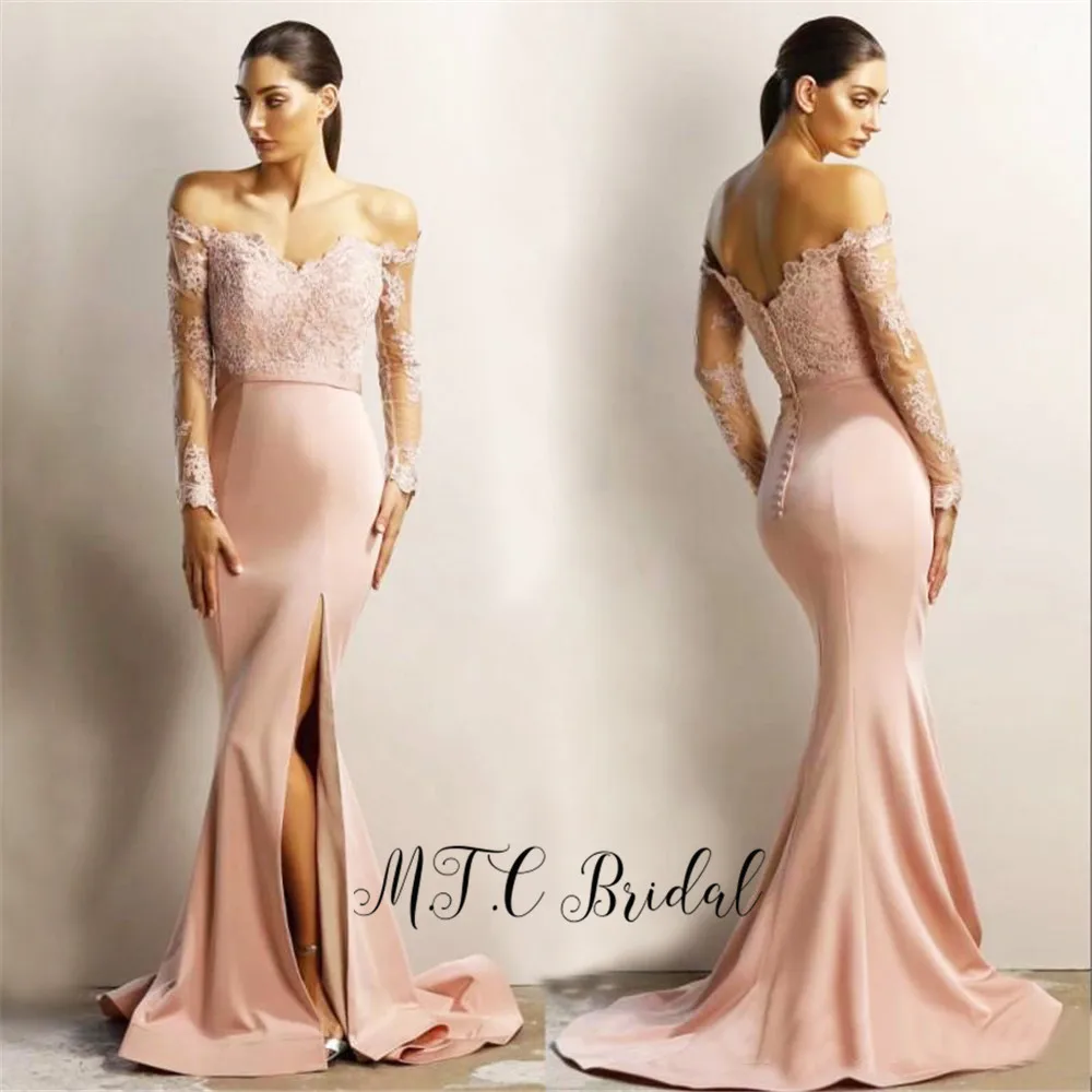 

Long Sleeve Mermaid Simple Evening Dress Off The Shoulder High Slit Lace Elastic Satin Long Prom Gowns 2019 Vestido De Festa