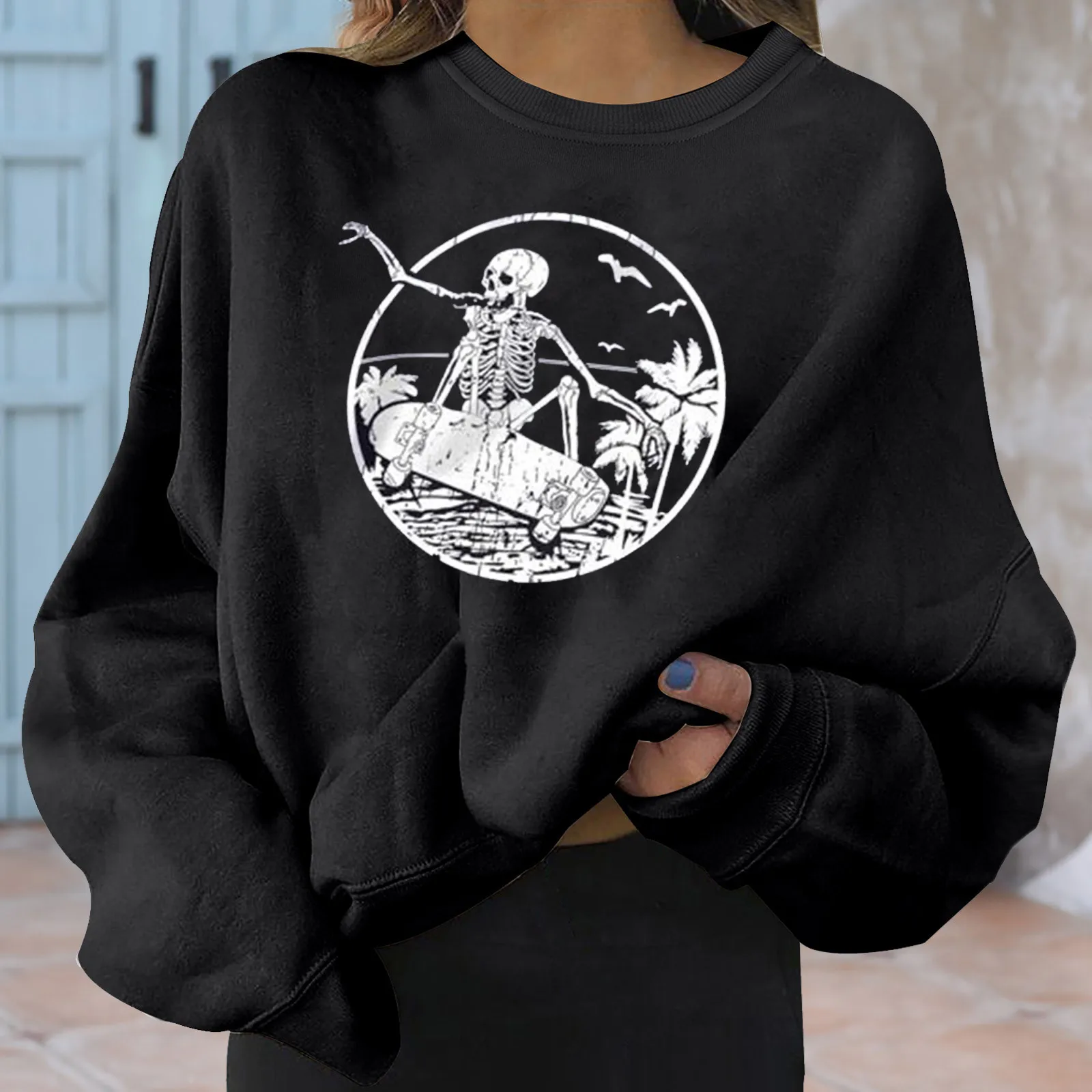 Harajuku Skeleton Printed Hoodies Oversized Long-sleeved O-neck Pullovers Top Y2k Autumn Winter Warm Sweatshirts Sudadera 1