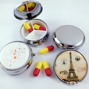 

Round pill box mini medicine case button switch metal bottle Tablet Capsule Storage organizer holder containers with Key chain