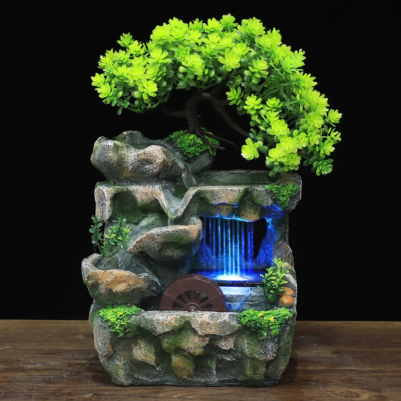 

Indoor Desktop Feng Shui Rockery Fountain Decor Living Room Flowing Water Waterfall Ornament with 7-Color LED Light Change