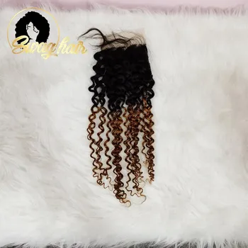 

Swag Curly 4x4 Closure T1B/30 Ombre Color Closure Middle/Three/Free Part Brazilian Human Hair Closure With Baby Hair