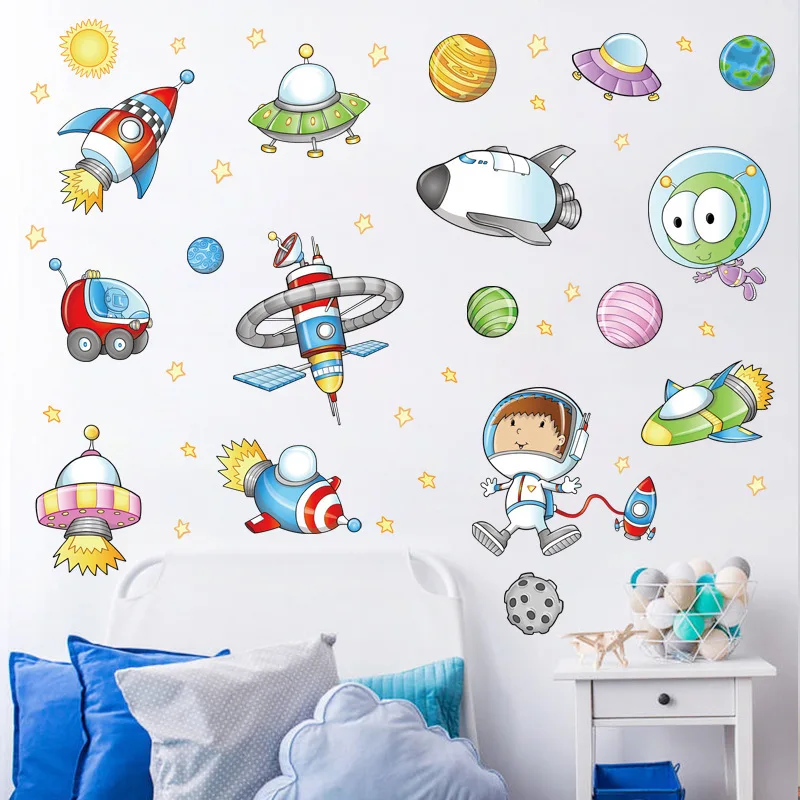 Space astronaut cartoon wall sticker kids room outer space planet galaxy rocket ship decorative wall stickers for children rooms