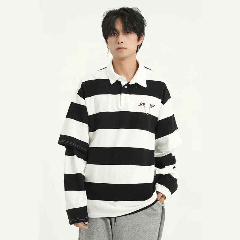

2020 Men Embroidered Chain Vintage Casual Loose Stripe Long Sleeve polo Shirt Male Women Couple Streetwear Hip Hop Tees Shirts
