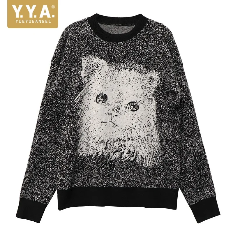 Autumn New Women Kawaii Cat Jacquard Knitted Sweater Long Sleeve Pullover Jumpers Casual Female O-Neck Knitwear Tops Streetwear | Женская