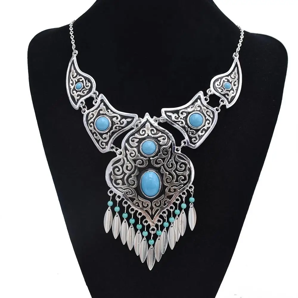 Jewelry Sets Jewelry Set Women Earrings Chain Necklace Bohemian Vintage Blue Acrylic Stone Beads Tassel Choker Necklace Earrings For Women India Gypsy Boho African Ethnic Jewelry Set