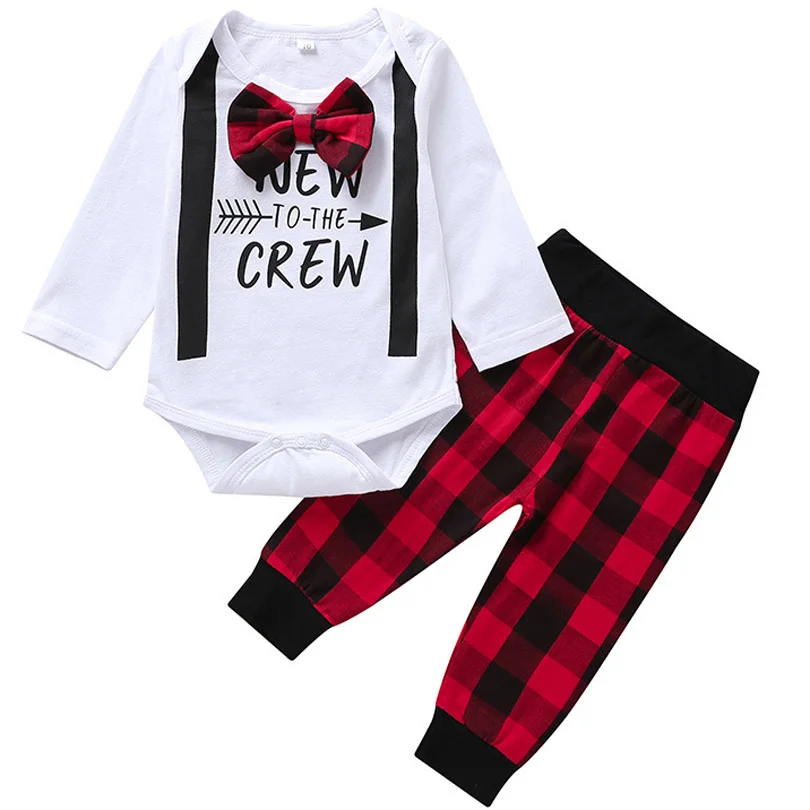 

Toddler Baby Boys Robes Gentleman Suit Fashion Bow Letter Long Sleeve Red Plaid Jumpsuit Trouser Outfit Baby Two-piece Set 0-24M