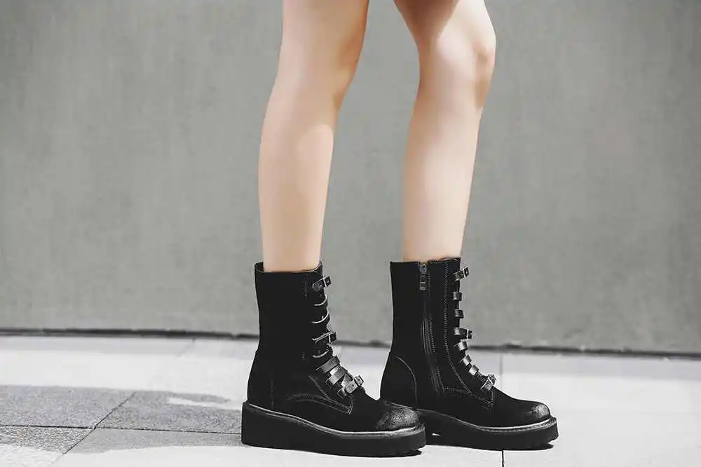 Lenkisen genuine leather vintage campus style belt buckle straps round toe high heels rock winter women warm mid-calf boots L33