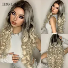

HENRY MARGU Long Ombre Black Blonde Wavy Synthetic Wigs Natural Hair Wig for Women Middle Part Cosplay Party Wig Heat Resistant