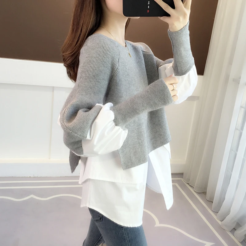 

Korean Chic Patchwork Sweater Women Autumn Winter Fake Two Piece Pullover Knitted Sweaters Female Jumper Pull Femme