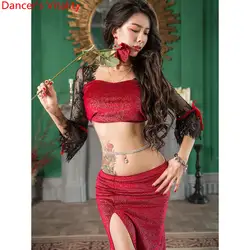 Женская одежда для занятий танцами живота, Осень-зима, велюровый сексуальный топ, юбка для начинающих, для восточных, индийских танцев, для