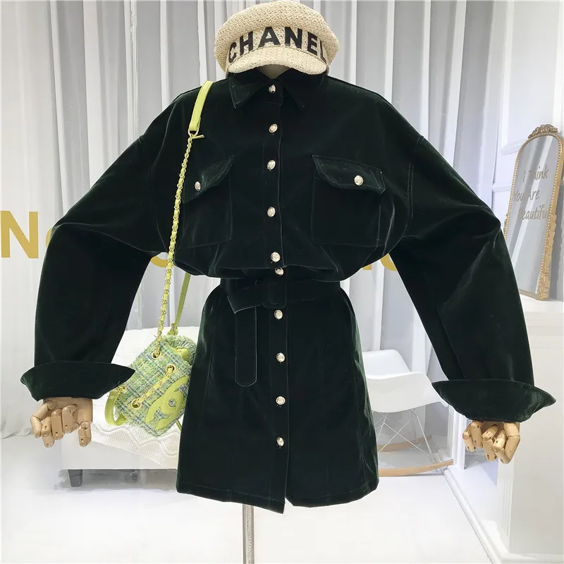 ALPHALMODA Autumn and Winter New Style Velvet Shirt Dress Women's Turn-dow Collar Pocket Single Breasted Sashes Dress