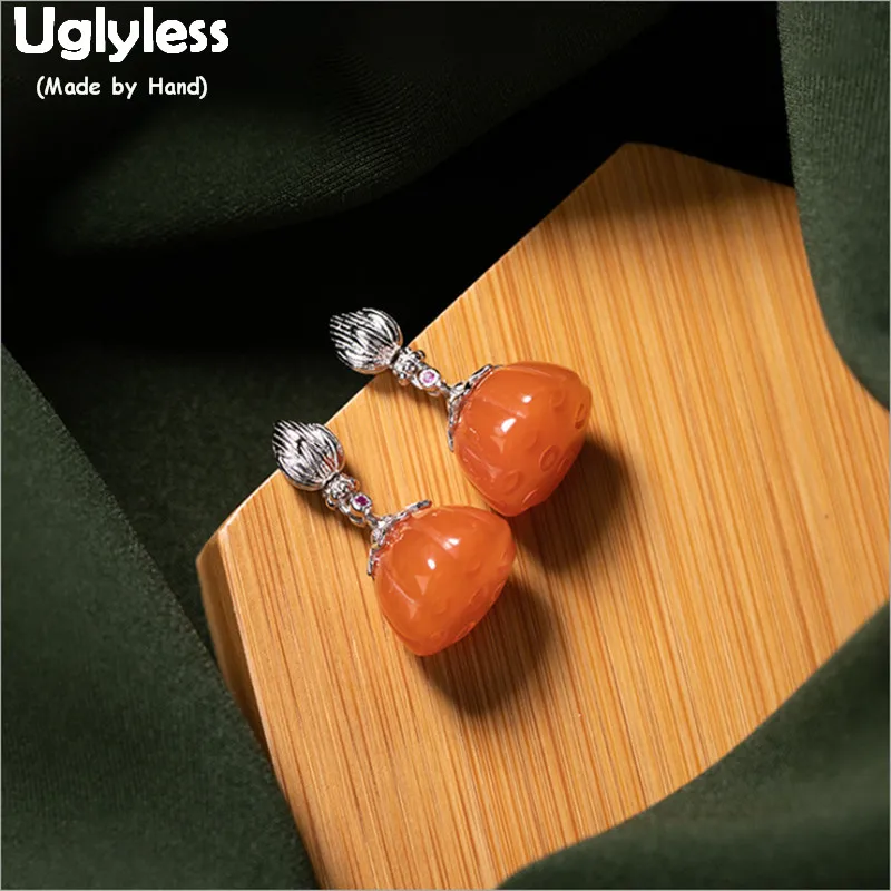 Uglyless Pretty Pumpkin Color Agate Earrings for Women Solid 925 Sterling Silver Flower Lotus Earrings Gemstones Jewelry E1801