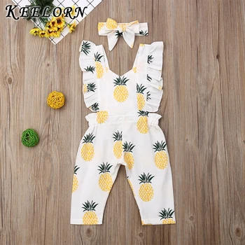 

Keelorn Baby's Sets New Newborn Girls Pineapple Romper Clothes Ruffle Sleeve Jumpsuits with Headband Casual Outfits Clothing