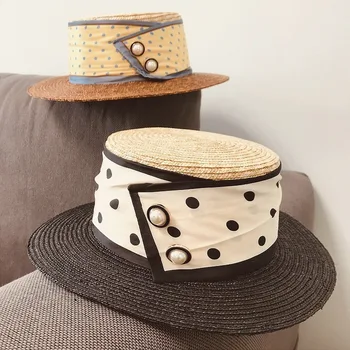 

2020 spring and summer color matching wheat straw polka dot cloth decoration female retro beach fashion flat straw hat