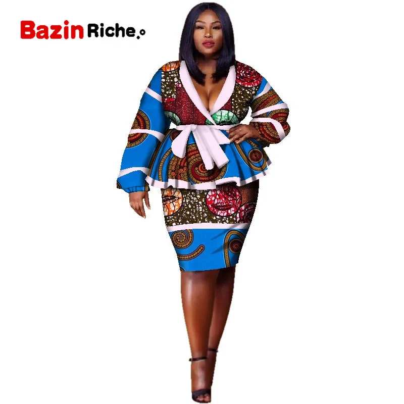 Plus Size Top and Straight Skirt Sets African Wax Print 2 Pieces Skirt Set for Women Bazin Riche African Style Clothing WY2858