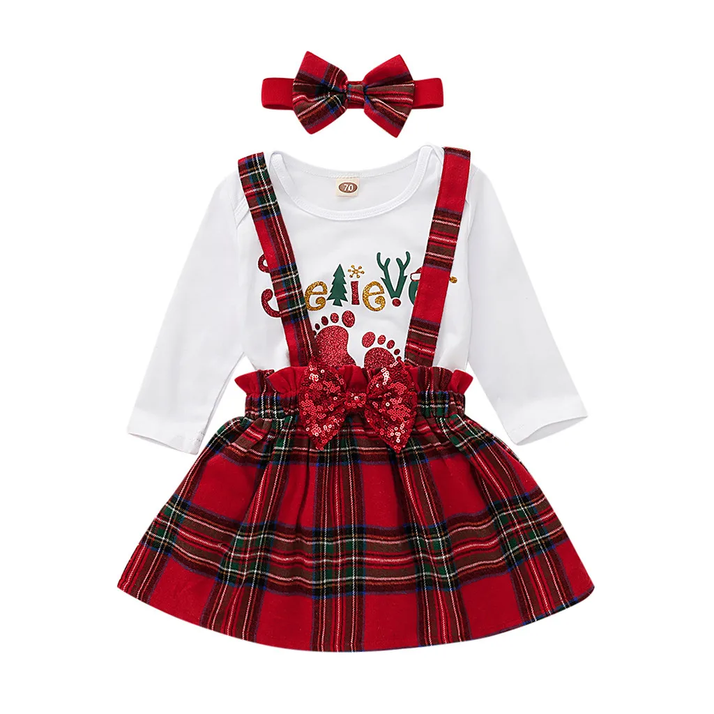 Рождественская одежда для маленьких девочек, Рождественский комбинезон с надписью+ комбинезон в клетку+ комплект с повязкой на голову комбинезон с длинными рукавами, Комбинезоны